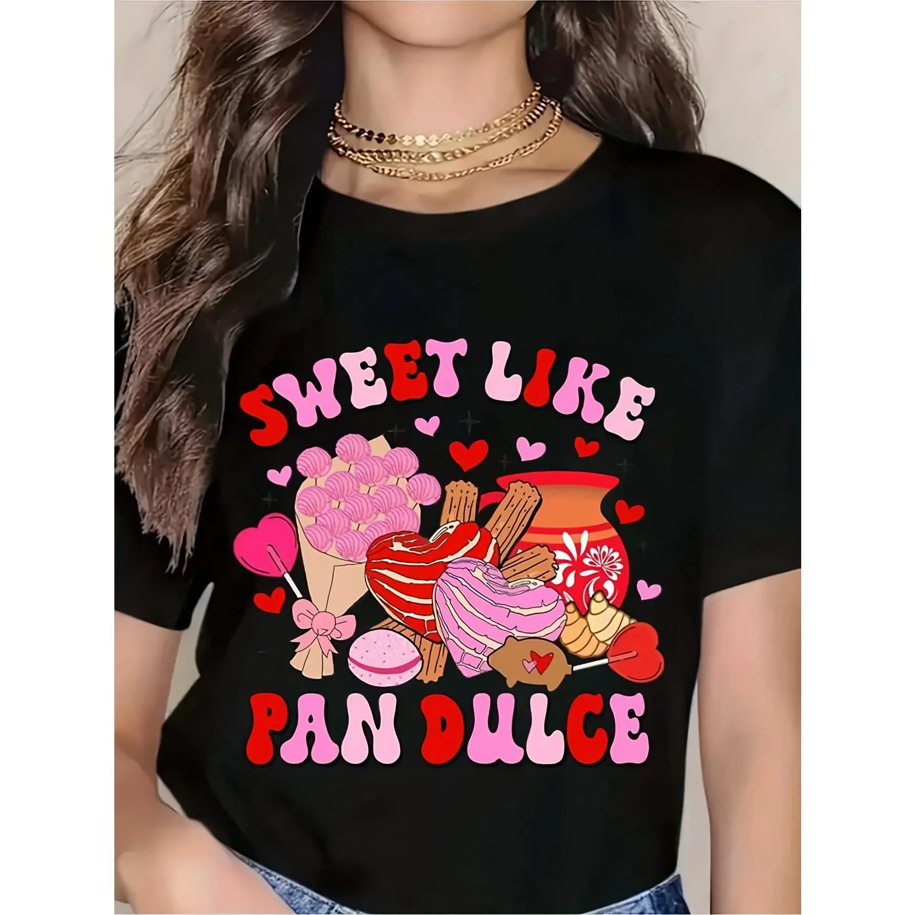 Women's Basic Concha & Hearts Print Short-Sleeve Knit T-Shirt - Comfortable Fabric, Unisex Round Neck, Soft Lightweight Thanksgiving Style Everyday Streetwear Essential Top, Romance, Easter, Valentines Day