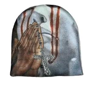 Y2K Rare Unique Beanie - black and white praying hands, cross, girl Grunge Design, Unique Pattern, Casual Headwear for All Seasons