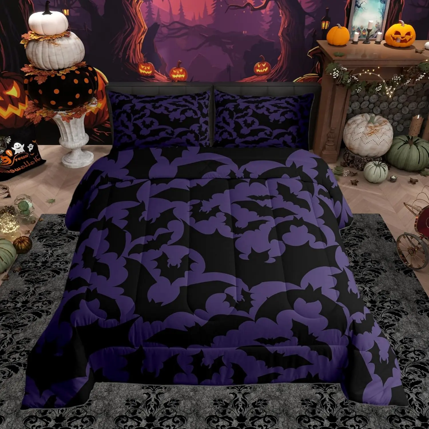Feelyou Halloween Themed Bedroom Bedding Set - Black Bat Animal Print Soft Comforter, Dark Purple Decorative Adult Duvet Set, Decorative Bedding Set