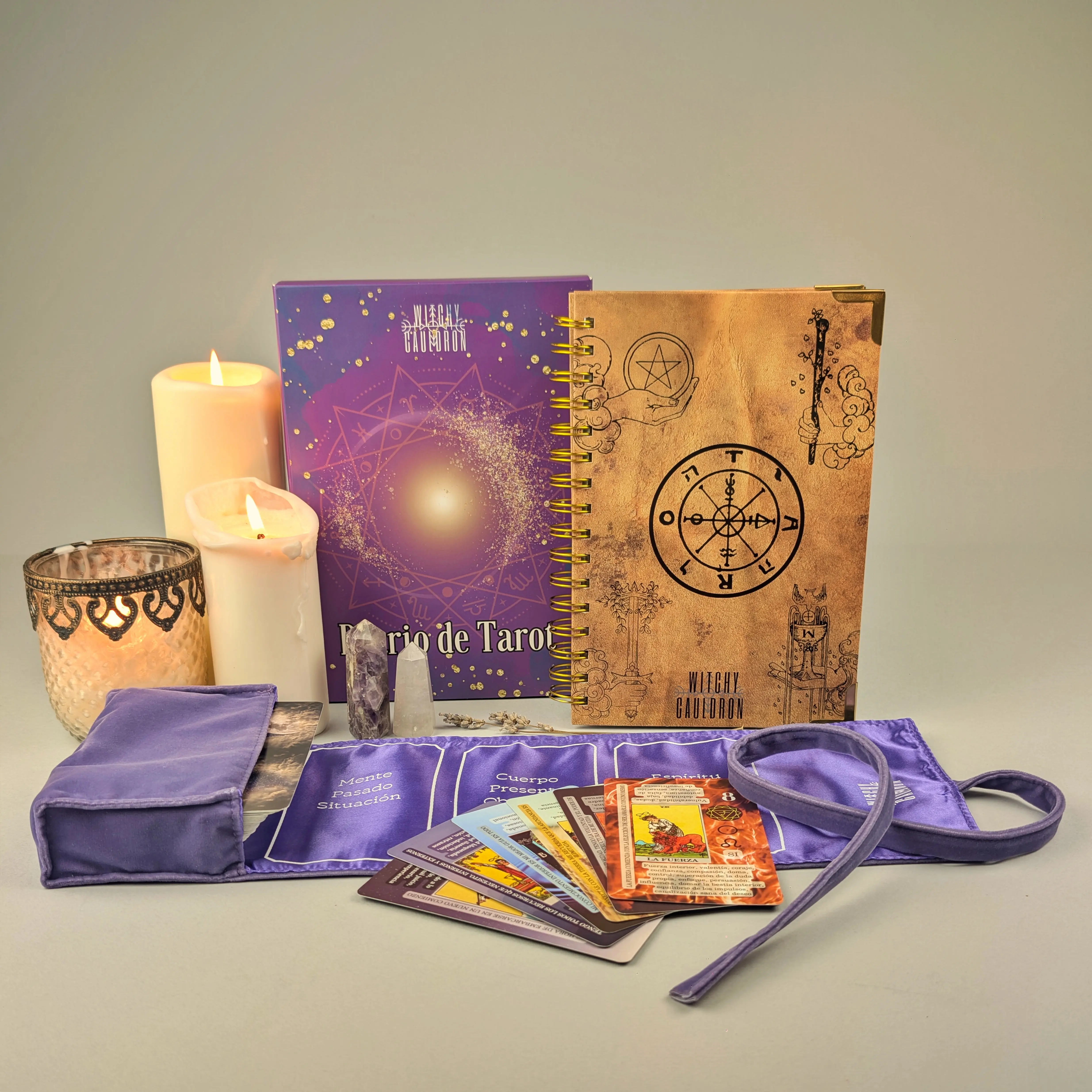 SPANISH Tarot Learning Set for Beginners in LAVENDER with Journal, Cards, Velvet Tarot Holder Wrap, Tarot Journal, and Stickers
