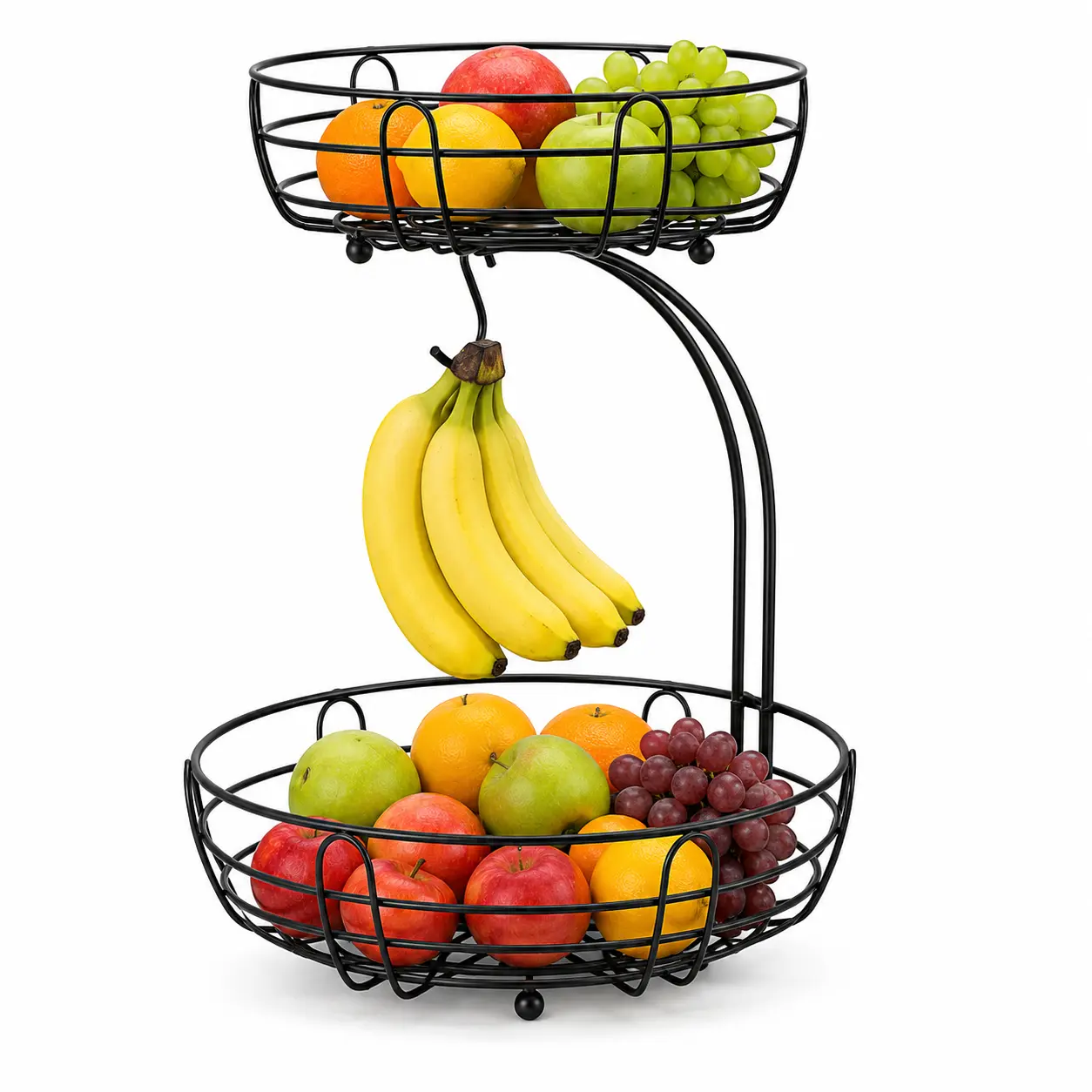 2-Tier Countertop Fruit Basket Bowl with Banana Hanger, Fruits Stand Holder Organizer, Bread Snack Veggies Basket, Metal Wire Vegetable and Fruit Produce Storage Baskets for Kitchen