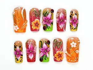 Tropical Floral Press On Nails 3D Tropical Flowers Nail Art Ladybug Design Fake Nails