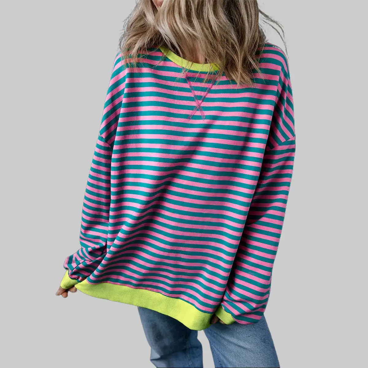 S-2XL Oversized Multiple Color Stripe Contrast Trim Crewneck Sweatshirt with 95% Cotton Material,Pink Striped Pullover Tops,Fashion Apparel, Casual Western Style Hoodies Women, Cozy Loose Fit Tour Daily Loungewear Outfit, Colorblock Rib Trim Streetwear