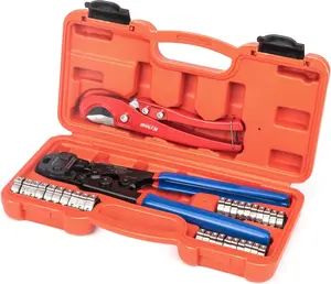 PEX Clamp Tool Kit for 3/8-in, 1/2-in, 3/4-in, 1-in PEX Clamp Cinch & Removal, c/w 1/2''(20 Pack) and 3/4''(10 Pack) PEX Clamp Rings, PEX Tubing Cutter