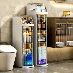 Slim Bathroom Storage Cabinet 7.1″ Narrow Plastic Drawers Organizer with Tissue Box and Wheels Waterproof Slit Bathroom Floor Cabinet with Handle for Small Spaces Kitchen Laundry 2-Tiers