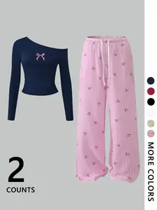 Two-Piece Set Women's Butterfly Print Crop Tee & Pants, Casual Short Sleeve T-shirt & Trousers for Daily Wear, Ladies Two-piece Outfits for All Seasons, Pajama Loungewear