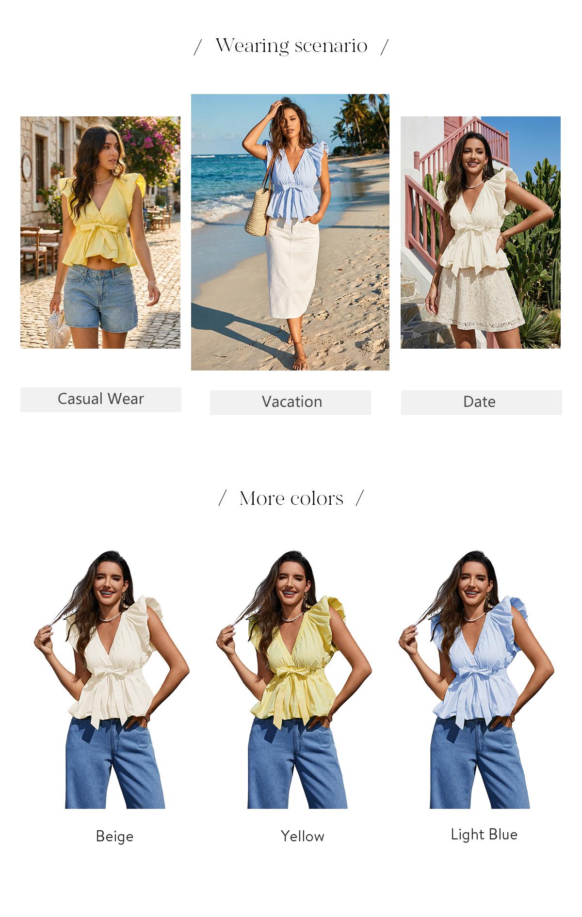 Chicovar Women’s Summer Deep V Neck Puff Sleeve Blouse – Elastic Trim Bow Front Peplum Top, Bubble Hem A-Line, Slim Fit X-Shaped Waist Cute Casual Shirt for Work, Date, Vacation & Daily Wear