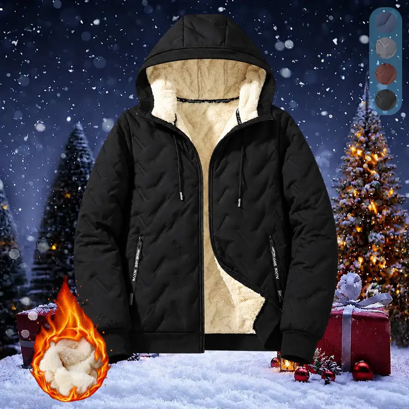 Men’s Thick Warm Long-Sleeve Hooded Jacket — Men’s Top, Full Zipper Design, Soft Polyester Lining, With Zipper Pockets, Basic Solid Color Regular Fit Winter Outerwear, Christmas Gift