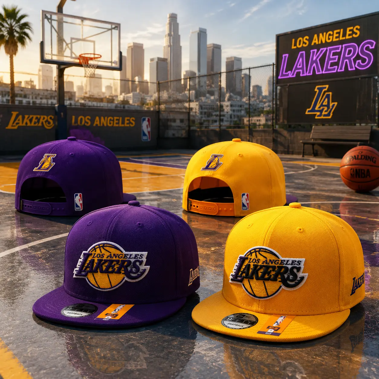 New Era Los Angeles Lakers Snapback Hat – NBA Basketball Team Logo Flat Brim Adjustable Cap, Purple Gold Streetwear Baseball Hat for Men Women