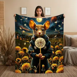 1pc Mystical Mouse & Dandelion Flannel Throw Blanket - Soft Cozy Polyester All-Season Magical Night Sky Design with Glowing Dandelion & Mouse, Vintage Style for Couch, Bed, Travel, Camping - Machine Washable -Pilling -Pilling-Resistant - Perfect Chr