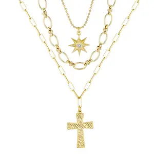 ALEXCRAFT 14K Gold-Plated Cross Necklace — Unique Triple-Layered Design, Fashion Accessory, Personalized Cross Necklace, Mother's Day Gift, Birthday Gift