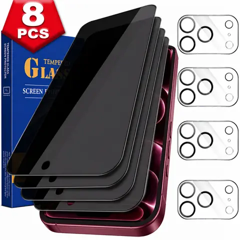 [4+4 Pcs Set] Privacy Screen Protector with Camera Lens Protector for iPhone 18 17 16 15 14 13 12 11 Pro Max Duo Plus Air Mini, Anti-Spy Tempered Glass Screen & Camera Protector, 9H Tempered Glass, Anti-Scratch, HD Clear, Anti-Fingerprint, Case Friendly