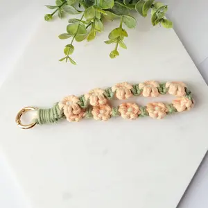 Sage and Pink Flower Macrame Wristlet Keychain