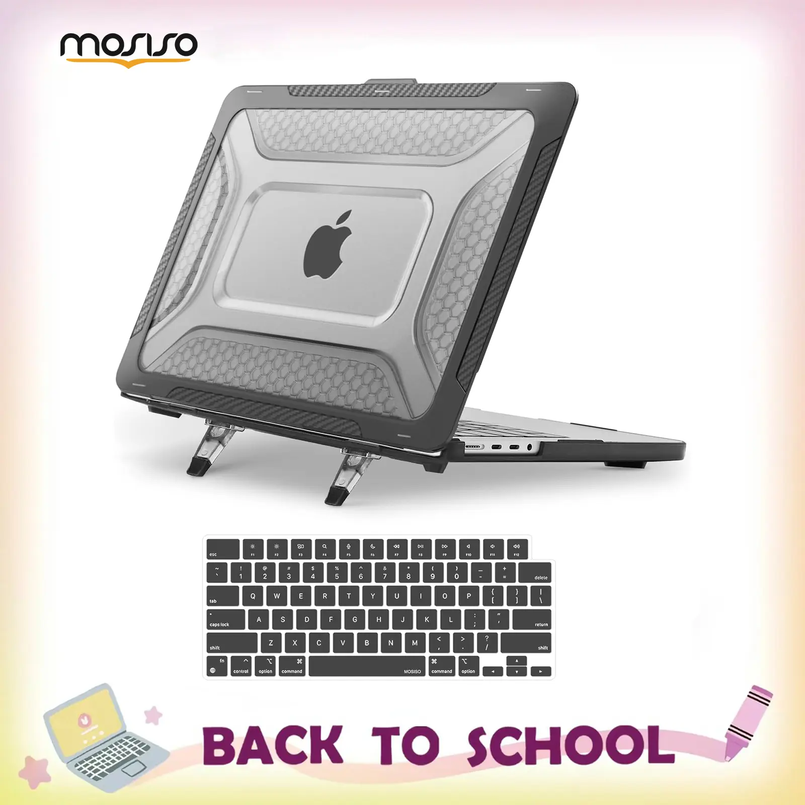 MOSISO Honeycomb Water Resistant Geometric Flexible Vented Base Hard Case with Fold Kickstand & Keyboard Skin for 14 inch MacBook Pro 2025-2021 (M5, M4, M3, M2, M1; A3434, A3112, A3185, A3401, A2918, A2992, A2779, A2442) - Includes 1 Keyboard Cover, Honey