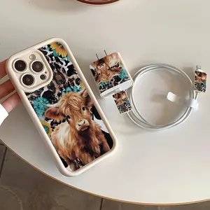 Cow Pattern Phone Case with Charger Saver & Cable Protector & Storage Rope, Anti-drop Cellphone Protective Case, Total Protective Shockproof Mobile Phone Cover for iPhone, Casing