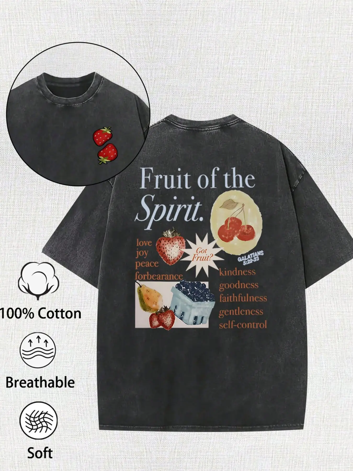 1PC TikTok Trendy Christian Graphic Tee, 100% Cotton Soft Breathable Top with Fruit of the Spirit Galatians 5:22 Back Print, Aesthetic Unisex Shirt