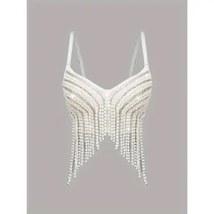 Autumn And Winter Fashion Collection for Christmas Featuring Handmade Pearl Tassel And Rhinestone Accents, Versatile Women'S Camisole. Tops White