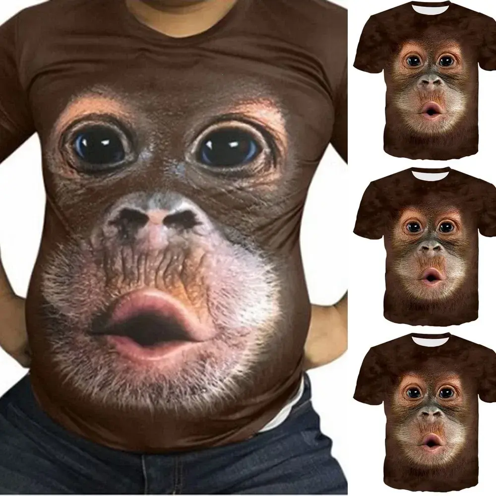 3D Monkey Printed T-Shirt, All Over Print Graphic Tee, Men's Polyester Round Neck Short Sleeve Casual Top, Lightweight Summer Shirt