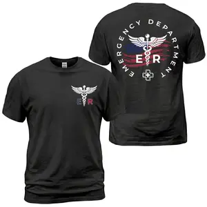 Emergency Department T-Shirt, ER Nurse Graphic Tee, Medical Caduceus Back Print Shirt, American Flag Healthcare Apparel, First Responder Outfit, Hospital Worker Gift for Men and Women