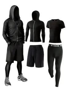 Men's Zip Up Hooded Jacket & Pants & Tee & Shorts Sportswear Set, Athletic Activewear Tracksuits, Breathable Quick Drying Sports Clothing Set for Running Gym Cycling Outdoor Activities, Men's Sportswear Set for All Seasons