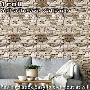 1 roll, retro industrial style stone pattern self-adhesive wallpaper, can be peeled off and removed, cut freely, easy to clean, suitable for DIY decoration of walls in living rooms, bedrooms, kitchens, bathrooms, etc. Realistic visual effects.