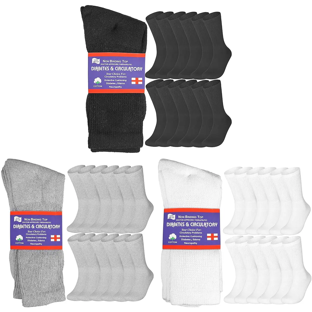 {12-Pairs} Unisex Cotton Non-Binding Extra Wide Diabetic Crew Socks For Men & Women