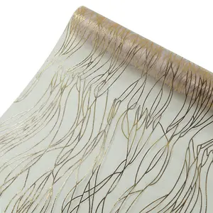 5 Pack Organza 12"x108" Table Runners White with Gold Foil Wave Design - Disposable Stylish Event Decoration