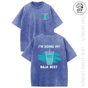 Holafish Women's Round Neck Short-Sleeve Cotton Casual T-Shirt - Breathable, Comfortable Washed Vintage Drink Graphic, "Doing My Best" Print Everyday Streetwear Top