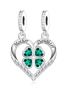 Silver Color Heart Charm Pendant, Elegant Design, Zircon Embedded, Customizable Engraving, Perfect Mother's Day Gift