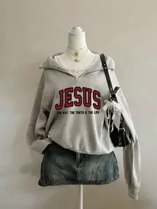 "JESUS" Aesthetic Half Zip Oversized Sweatshirt, Women, Y2K Christian Graphic Hoodie, Cozy Fleece Drop Shoulder Pullover, Vintage Washed Finish, Perfect for Daily Casual & Streetwear, Trendy Religious Print Top, Soft Comfy Fabric
