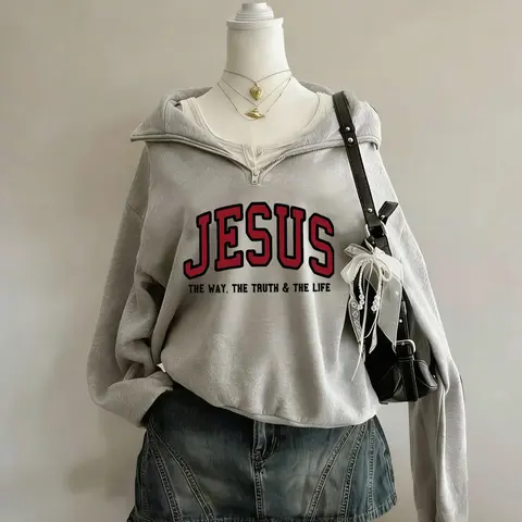 "JESUS" Aesthetic Half Zip Oversized Long Sleeve Sweatshirt, Womenswear, Graphic Sweatshirts, Y2K Christian Graphic Hoodie, Cozy Fleece Drop Shoulder Pullover, Vintage Washed Finish, Perfect for Casual & Streetwear, Religious Print Top, Comfy Fabric