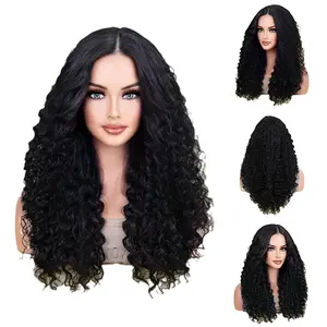 HELLORSO Lace Front Wig Human Hair Wigs for Women Glueless Wigs Deep Wave Frontal Wigs Long Curly Wigs for Afro Women Synthetic Wigs for Women Halloween 20 Inch Black Wig