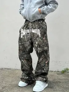 Men's Casual Camo Long Pants, Letter & Cross Pattern Print, Drawstring Wide Leg, Loose Fit, All Seasons Wear, Men's Fashion, Camouflage Print Pants