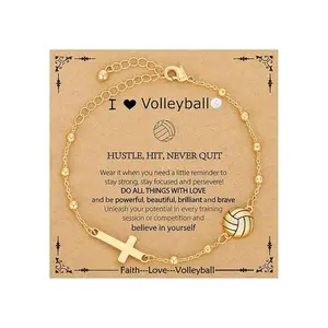 Softball/Volleyball/Soccer/Basketball Football Bracelet for Girls Women, 14K Gold Plated Cross Link Chain Sport Accessories Birthday Christmas Christian Jewelry Gifts for Teens Team Coach Players