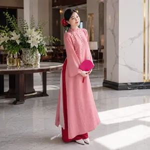 Pink Silk Ao Dai Dress, Red Pants Traditional Asian Gown, Floral Brocade Maxi Tunic, Wedding Guest Attire, Tea Ceremony Outfit