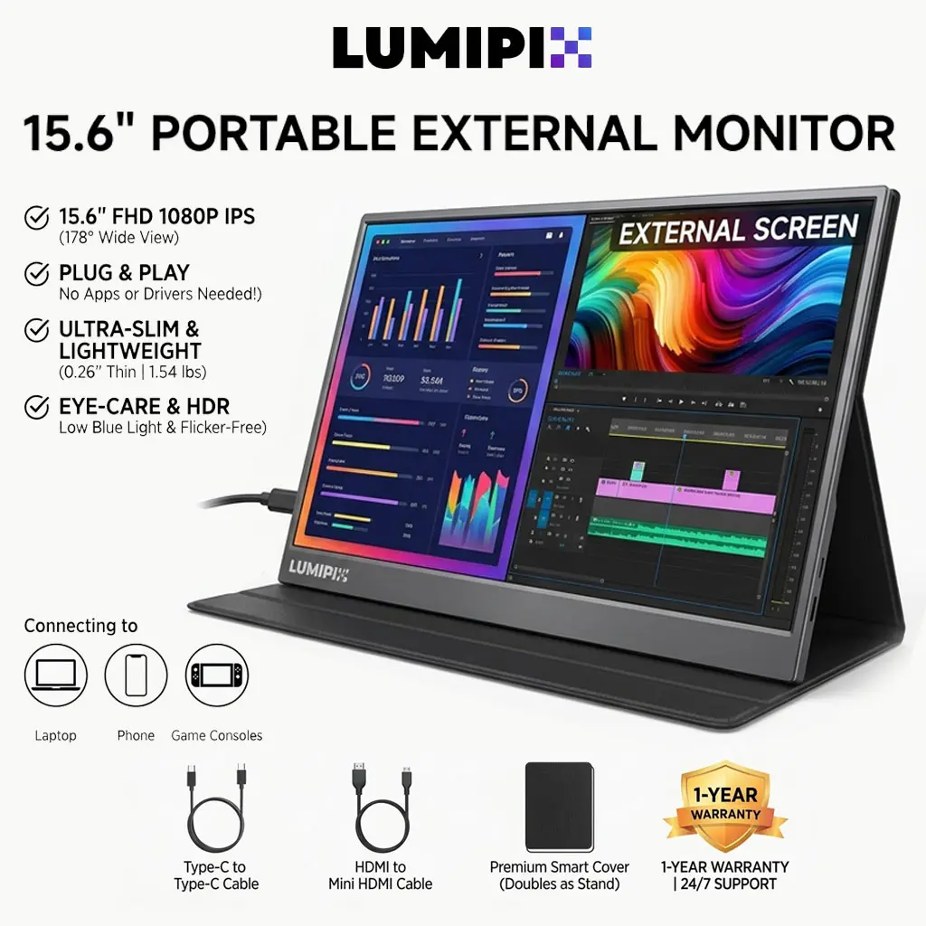 LUMIPIX 15.6" FHD 1080P IPS 60Hz Lightweight Portable Gaming Monitor, Aluminum Alloy Frame, USB-C/HDMI Ports, Anti-Glare Blue Light Filter, Ultra-Slim HD Display, Smart Cover, Speakers, Protective Case, for Laptops, PS5 Support, Work Use