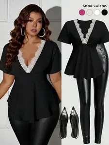 Women's Plus Size Peplum Top Lace Trim Deep V-Neck Short Sleeve Blouse Chic Elegant Empire Waist Flowy Shirts Sexy Clubwear Party Date Night Outfits Y2K Trendy