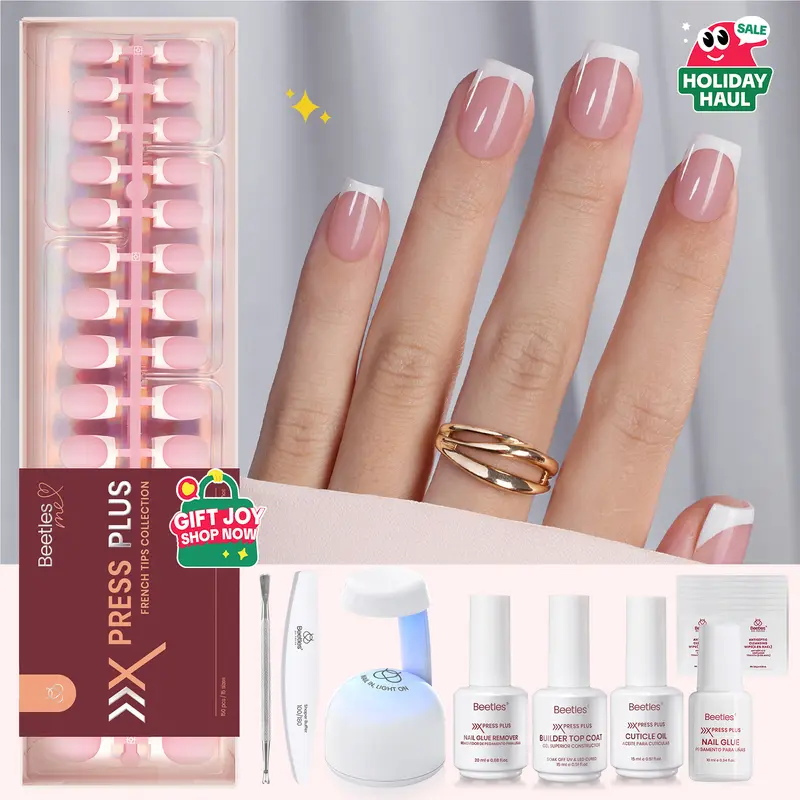 Beetles X Press Plus-Lite Kit French Tips Square Almond French Tip Press on Nails with Nail Glue Builder Top Coat Squoval Press on Nails DIY Manicure Gift for Women