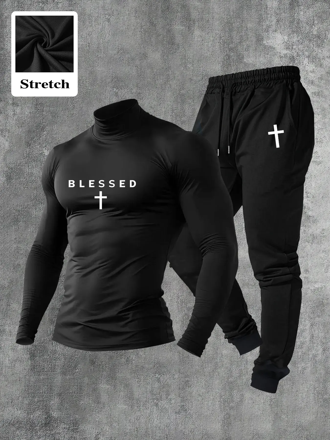 Men's Blessed Cross 2 Piece Turtleneck Tracksuit Sets - Stretch Gym Set, Christian Faith Activewear, Slim Fit Workout Outfit with Jogger Pants | Sportswear for Training, Running & Casual Streetwear