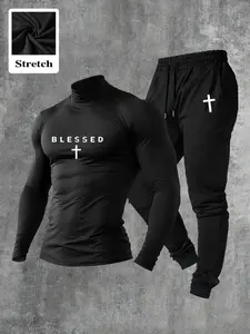 Men's Blessed Cross 2 Piece Turtleneck Tracksuit Sets - Stretch Gym Set, Christian Faith Activewear, Slim Fit Workout Outfit with Jogger Pants | Sportswear for Training, Running & Casual Streetwear