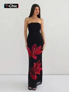 Women's Floral Print Backless Bodycon Mesh Tube Dress, Elegant Chic Strapless Tie Back Dress for Party Club Dating Wear, Ladies Summer Clothes