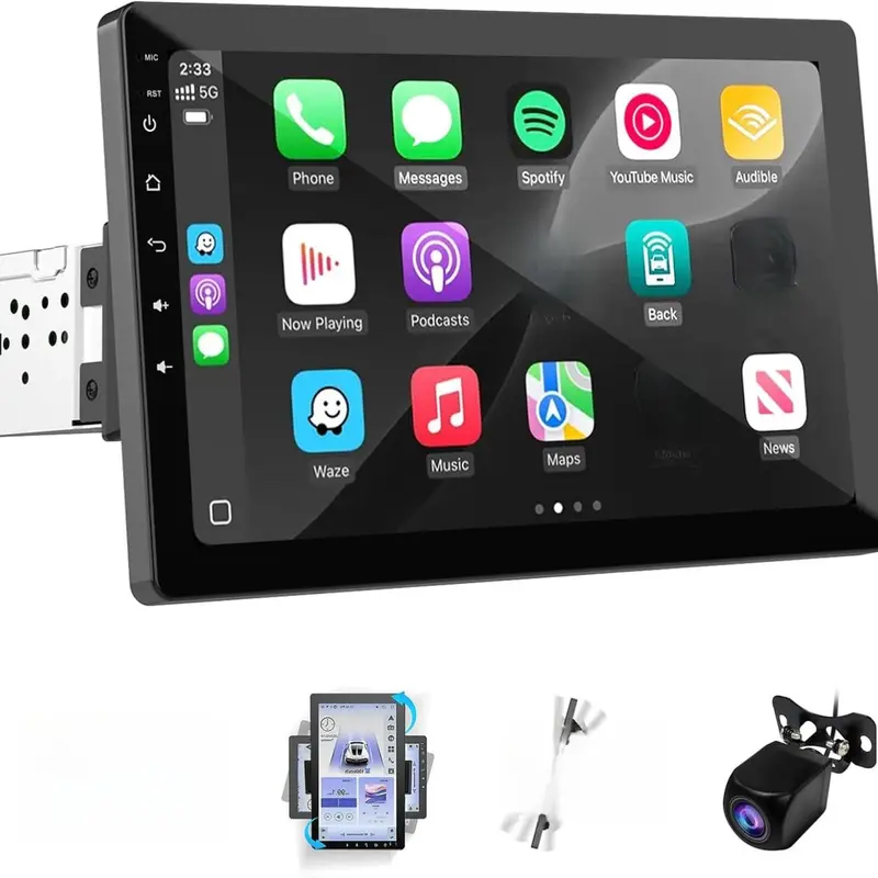 Haudio 10.1 Inch Single DIN Car Video Player, Wireless CarPlay & Android Auto Ready, Rotatable Touchscreen, GPS, Bluetooth, WiFi, AM/FM, Backup Camera, Mirror Link, Easy Install, 1080p HD Video for Road Trips, 1280×720 IPS View toolupgrade