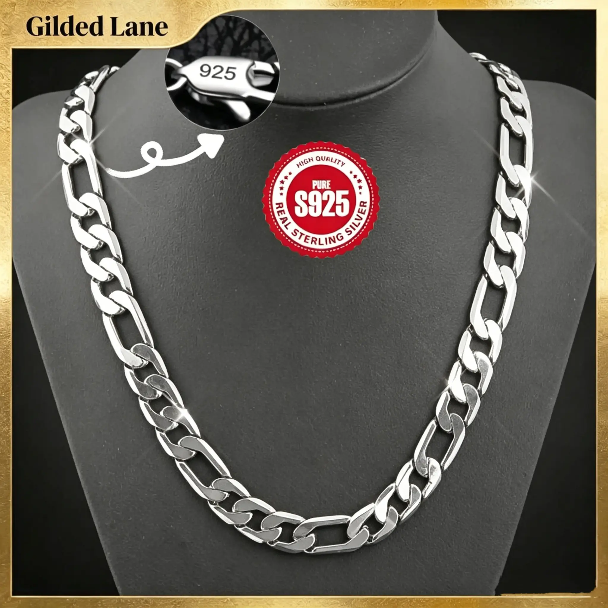 1pc Silver Figaro Chain 925 Silver Plated Stylish 12mm Men's Flat Figaro Link Chain Necklace men's accessories Festive Christmas couples gift High-quality souvenir