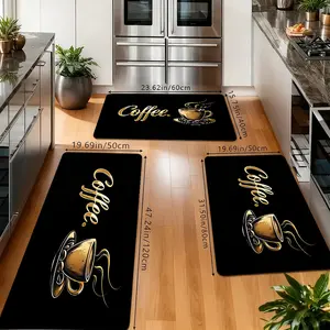 Black Gold Coffee Kitchen Rugs Set, Non-Slip Washable Floor Mats, "Coffee" Quote & Coffee Cup Print Runner Carpets for Kitchen, Coffee Bar & Farmhouse Decor