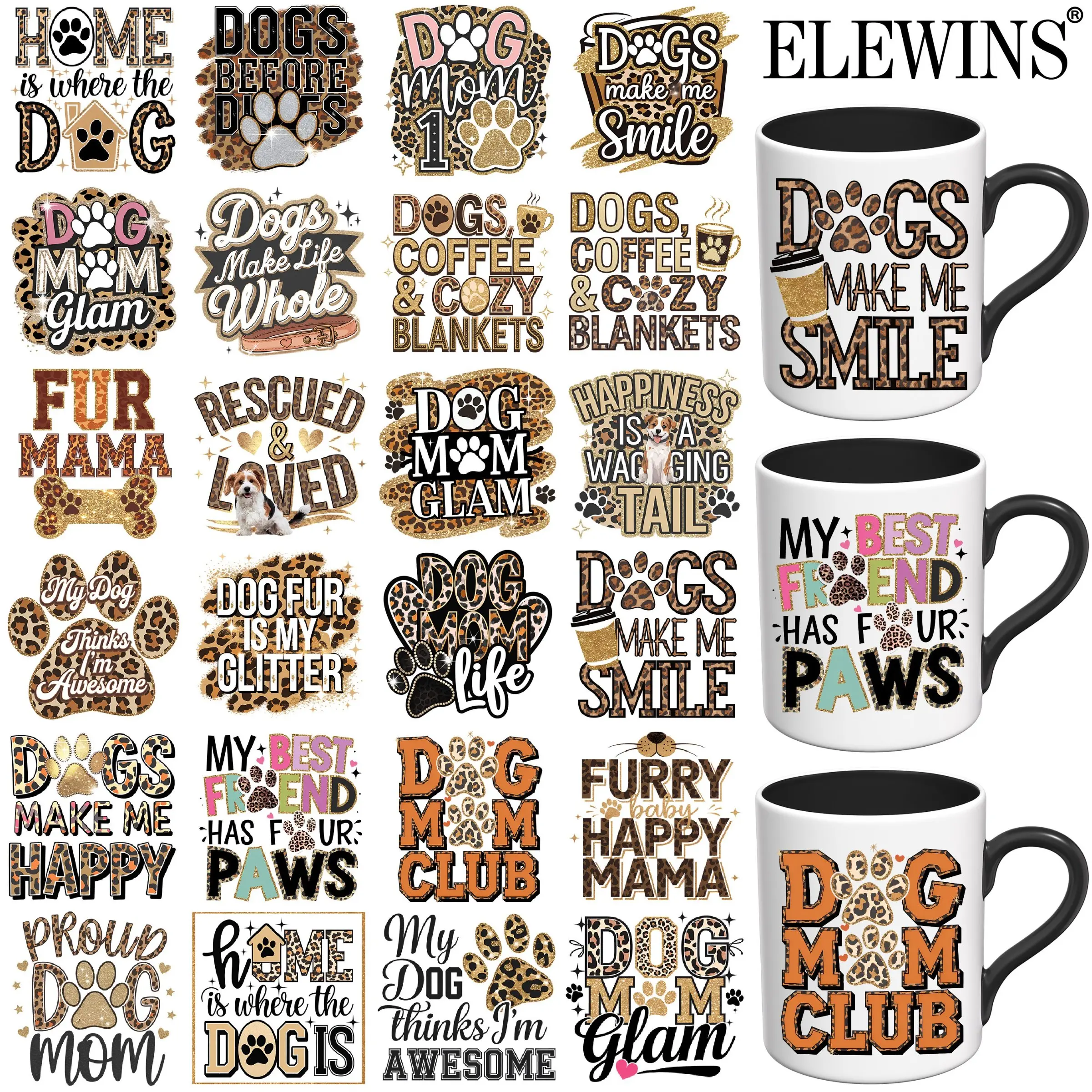 24pcs ELEWINS Dog Mom UV DTF Transfer Sheets, Scratch-Resistant Vinyl Cup Wraps with Paw Print & Bone Patterns, DIY Crafts Iron-On Labels for 16oz 20oz Mugs, Tumblers, Coffee, Dog-Themed Party Favors, Compatible with Heat Press, No Mugs Included