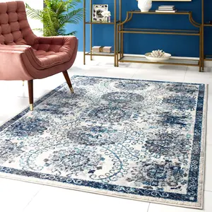 Modway Entourage Kensie Distressed Floral Moroccan Trellis 5x8 Area Rug in Ivory and Blue