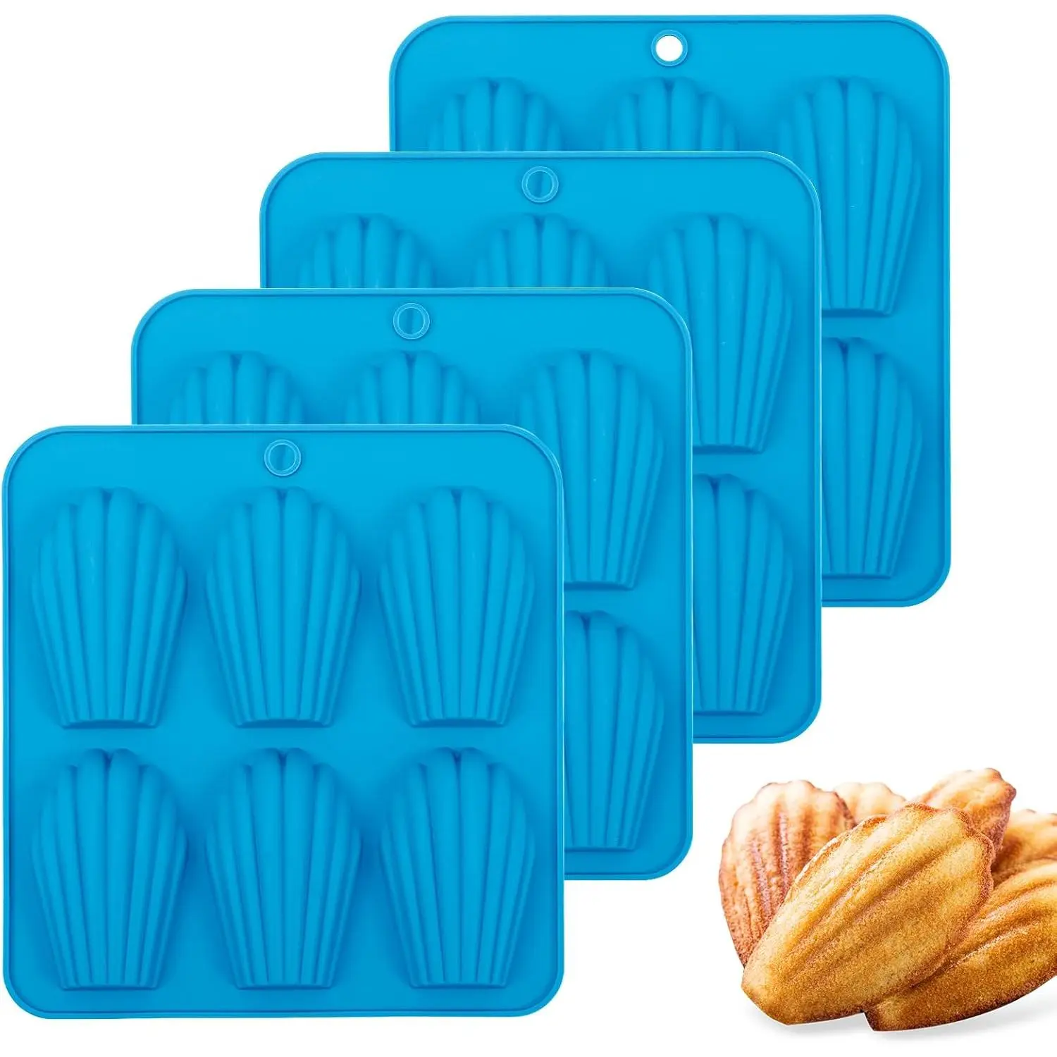 Kitchen Nonstick Seashell-Shaped Madeleine Baking Pans Set - 4-Pack 6-Cavity Non-Toxic Durable Stackable Synthetic Flexible Tins, -30°C~+230°C Dishwasher-Safe Oven-Use Nonstick Cupcake Pans Non Toxic Bakeware for DIY Baking, Birthday Treats (Blue)
