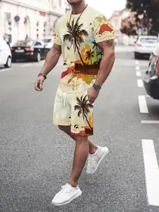 Men's Summer Casual Relaxed Fit 3D Print Tropical Palm Tree Short Sleeve Tee and Shorts Set, Round Neck, Polyester Knit, Elastic Fabric, Fashion Clothing