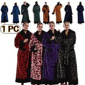 Elegant Leopard Print Flannel Lounge Robe Bathrobe, Thickened Couple Design, Easy Wear Belted Pockets, Unisex One Size, Soft Comfortable Homeewear