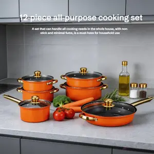 12-piece stainless steel cookware set with golden heat-resistant handle, non-stick soup pot, frying pan, and milk pot, complete household kitchenware for all stove types, space-saving storage, visible glass lid, low fume, and easy to clean